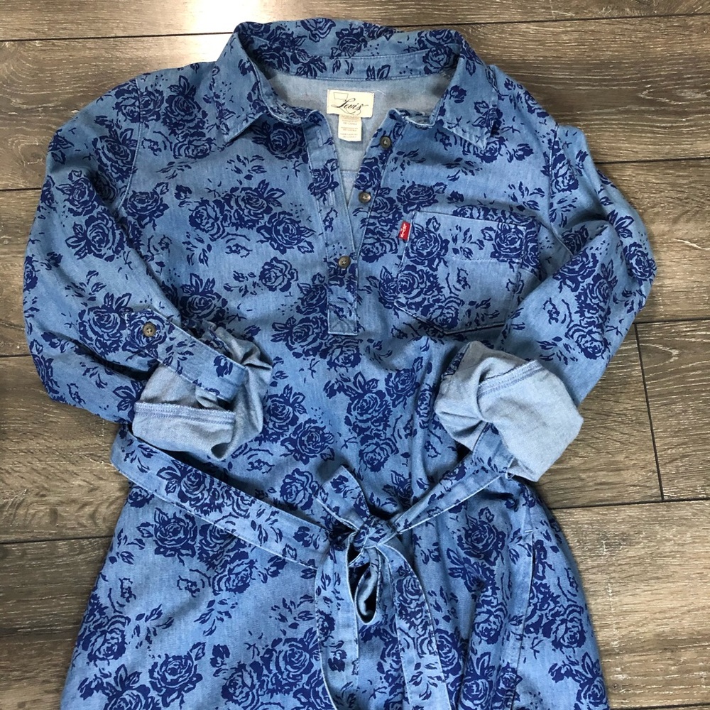 Vintage Floral Denim Belted Jean Dress Size Medium